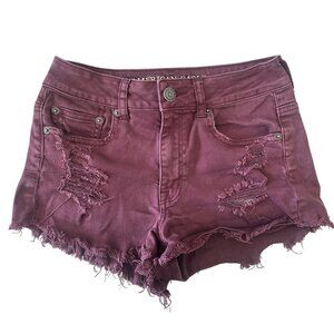 American Eagle Outfitters Stretch Burgundy Distressed Denim Shorts Womens Size 4